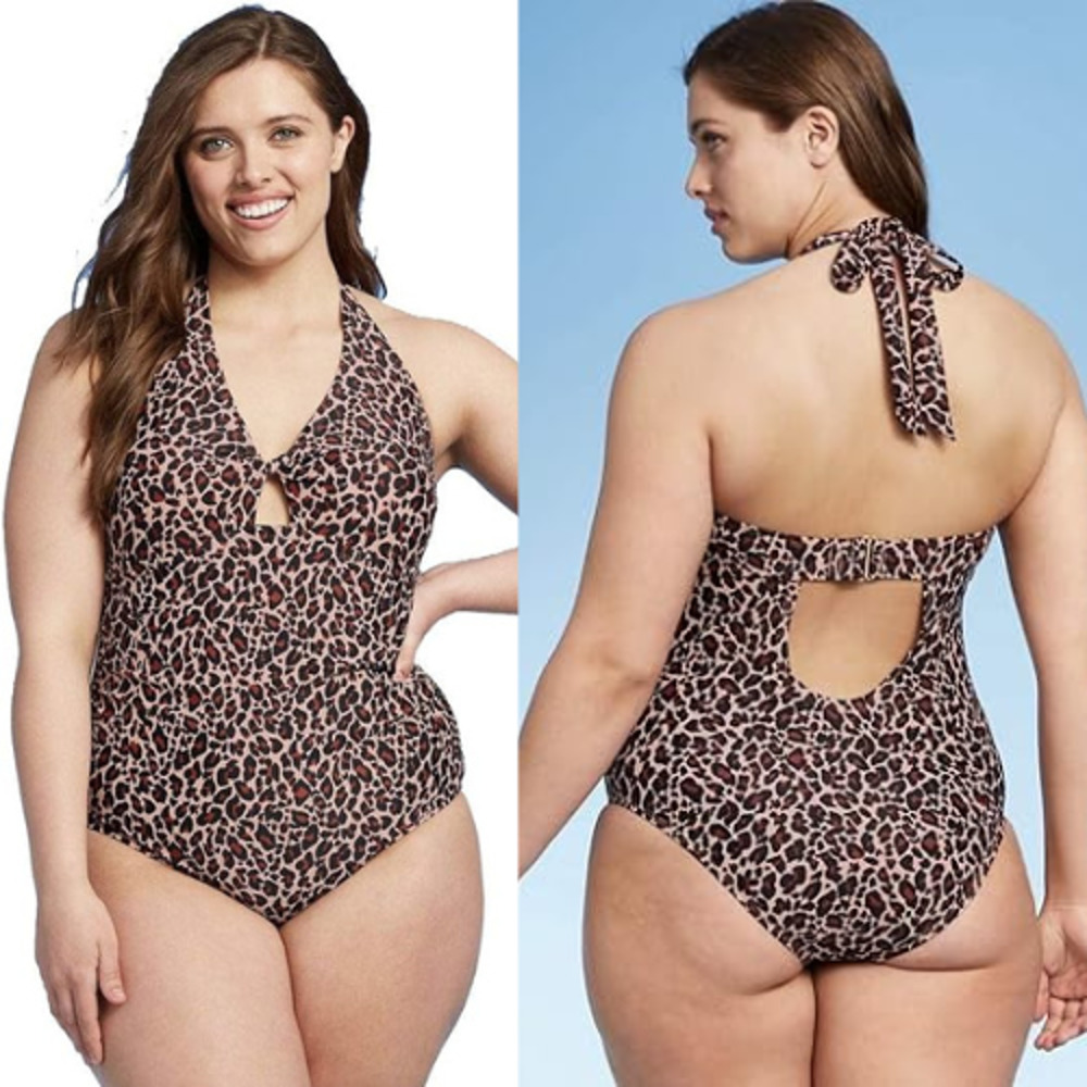 NEW! Kona Sol Women's Twist-Front One Piece Swimsuit Plus Size 16W Leopard Print